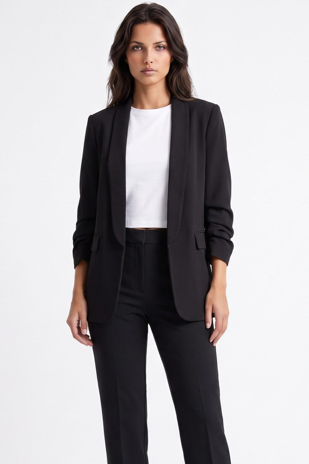 Black Blazer with Ruched Sleeves